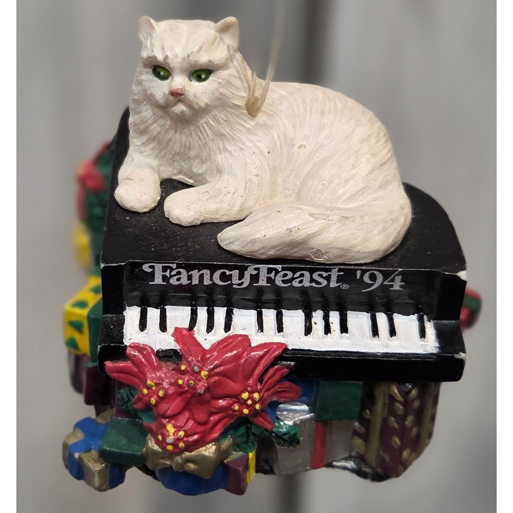 Vintage 1994 Fancy Feast White Persian Cat Grand Piano Christmas Ornament